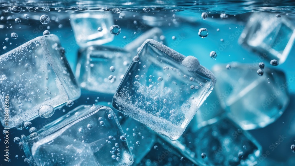 Close-up view of ice cubes submerged underwater, against a blue background. The motion freeze of flowing ice in water. Close-up view of ice cubes submerged underwater, against a blue background. The motion freeze of flowing ice in water.