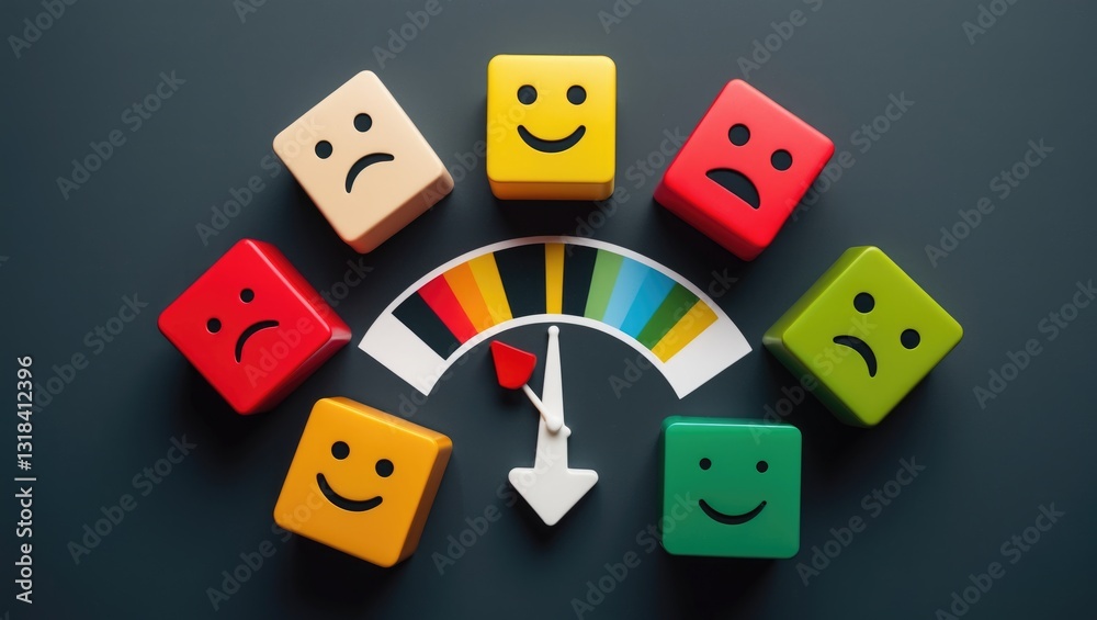 Obraz premium Mood evaluation. Counter arrow. Service satisfaction. Quality review, meet expectations. Measure happiness and contentment. Communication and feedback idea. Assessment. Popularity and strong perfor...