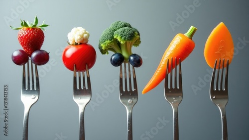 Fruit and vegetable arranged on silver forks set against a grey backdrop, representing concepts of healthy eating, dieting, and antioxidants.