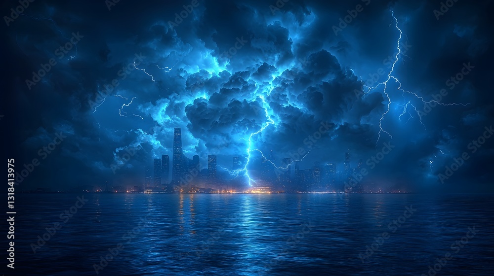 Obraz premium Dramatic Thunderstorm with Glowing Waves and Striking Lightning over Turbulent Ocean