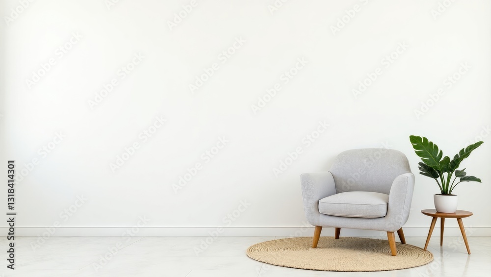 Fototapeta premium Modern interior design featuring a light empty mock-up wall and gray furniture, incorporating elements of loft and vintage style in the living room. Includes an armchair, table with a green plant i...