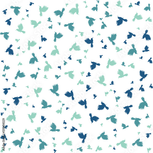 Pattern of silhouettes of birds in flight, arranged in various shades on a deep, contrasting background. A decorative and stylish motif, perfect for design.