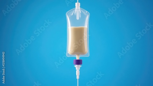 Bottle of enteral nutrition diet suspended and delivering diet via an infusion set. Blue background.