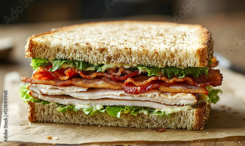 Delicious club sandwich featuring turkey, crispy bacon and fresh lettuce