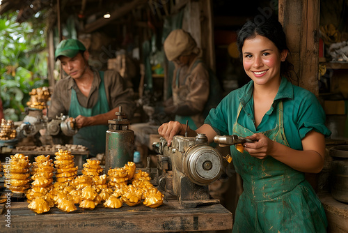 Smiling artisan working with gold-painted crafts in a workshop