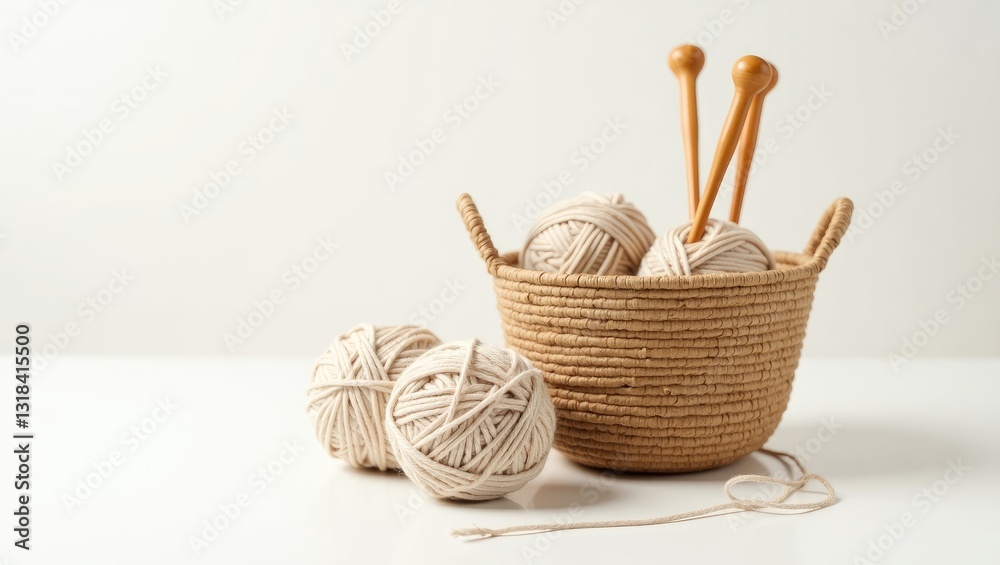 Brown crochet basket containing wood crochet needles and yarn balls on a white background. Brown crochet basket containing wood crochet needles and yarn balls on a white background.