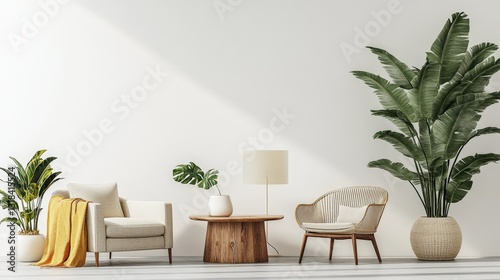 Elegant light-wooden table with natural grain, gracefully positioned before a pristine white backdrop, offering a serene yet striking contrast.  photo