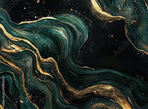 Swirls of deep green and gold ice texture creating luxury on a black backdrop.