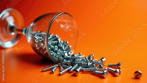Dropped numerous metal self-tapping screws made of steel in a glass jar, showcasing self-tapping screw for metal, for iron, and chrome-plated self-tapping screw.