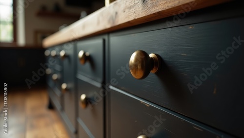 Vintage style black handles on wooden kitchen cabinets.