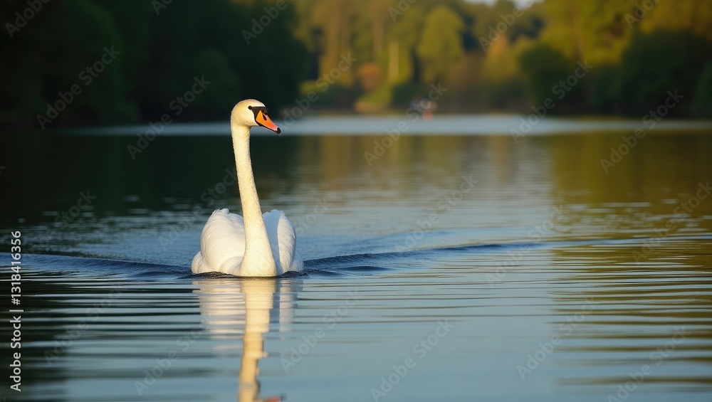 White Swan on the Lake. Mute Swan gracefully moving across the Lake during sunset. Stunning scene, beautiful majestic Swan illuminated by sunset light, fairy tale, elegance. White Swan on the Lake. Mute Swan gracefully moving across the Lake during sunset. Stunning scene, beautiful majestic Swan illuminated by sunset light, fairy tale, elegance.