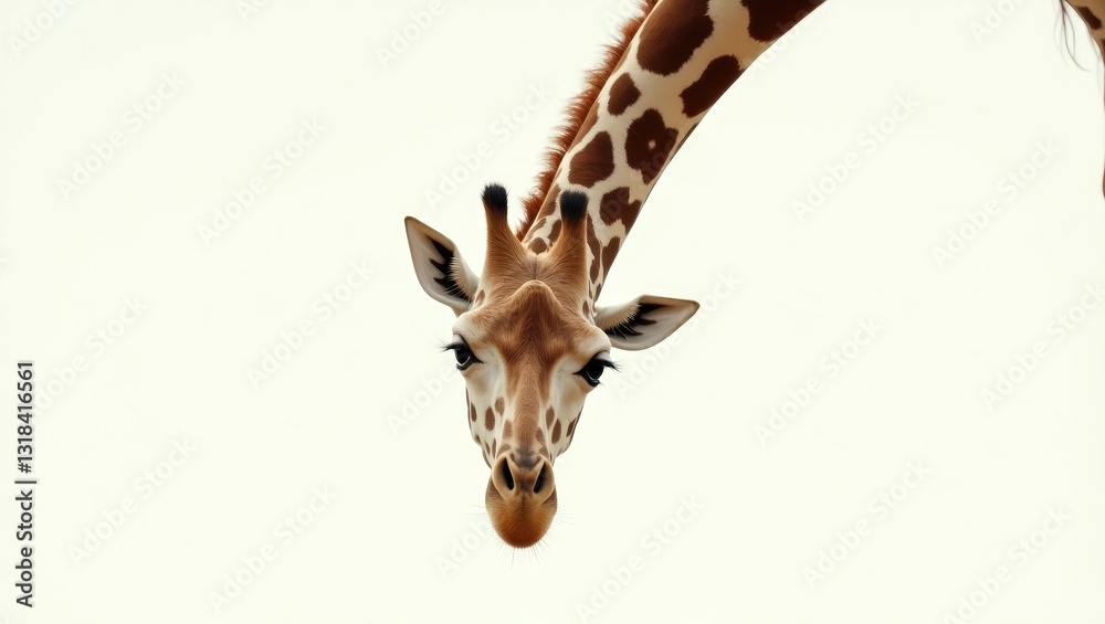 Naklejka premium Giraffe face with head hanging upside down. A curious giraffe looks down from above. Isolated on a white background.