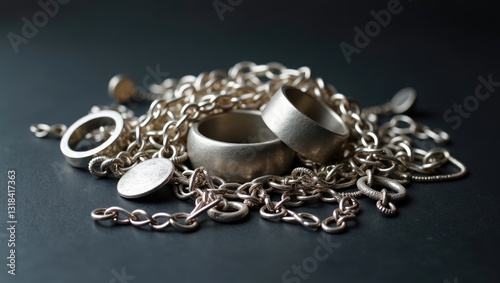 Heap of old scrap silver material jewelry, including rings, pendants, chain necklaces, and earrings. Scrap silver objects recycling concept.