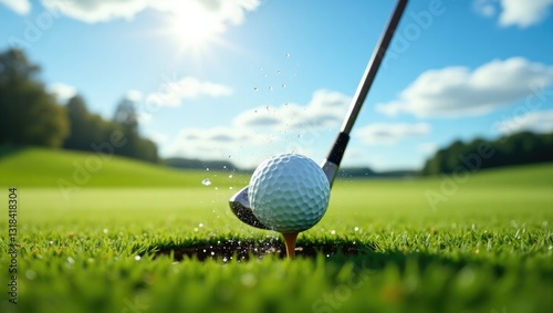 Golf club strikes a golf ball, with drops of morning dew and grass particles rising into the air following the impact.