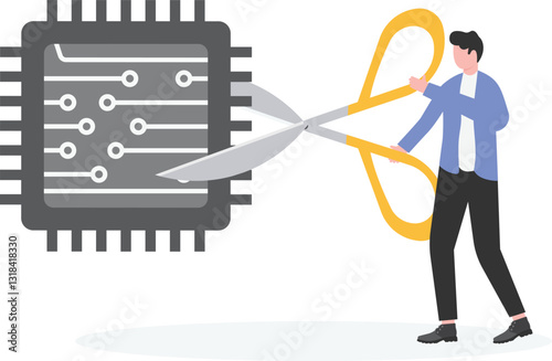 Businessman hand with scissors cutting off microchip, a risk to the American economy.

