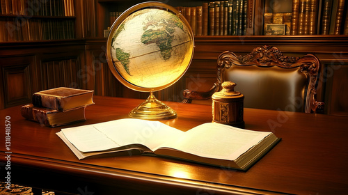 Antique library desk with globe and open book