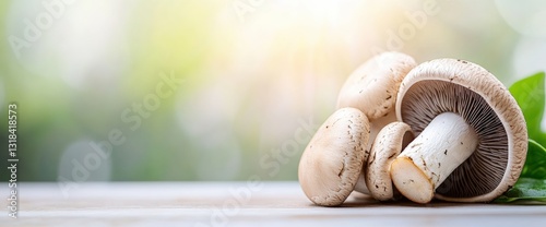 Delicious mushroom with a green leaf emphasizing medicinal mushroom cuisine and its nutritional benefits