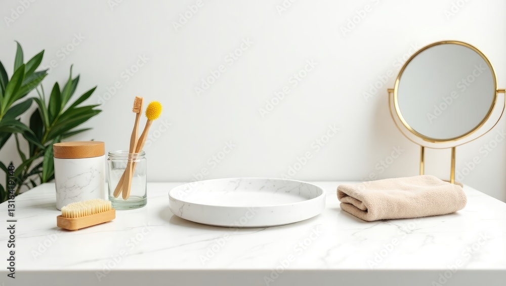 Fototapeta premium Empty bathroom table tray featuring various eco hygiene accessories
