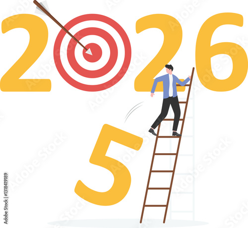 Year 2026 business target, new year resolution or aim for business success, businessman changing year to 2026 target

