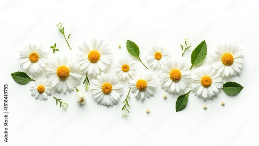 Obraz premium Chamomile flowers and mint arrangement isolated on a white background.