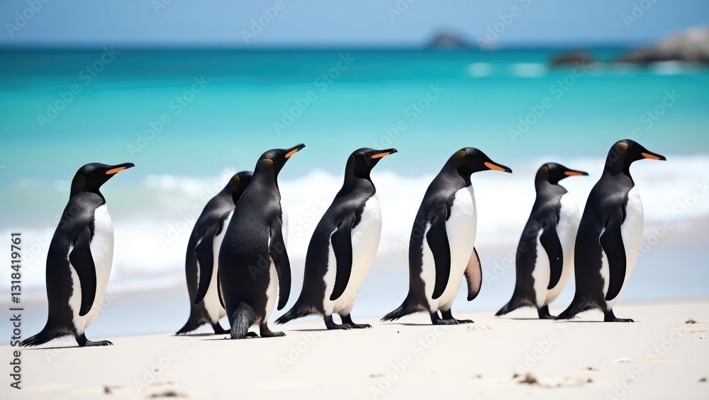 Obraz premium A collection of penguins assembled on a sandy beach during a sunny summer day.