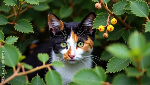 Calico cat concealed in the bush