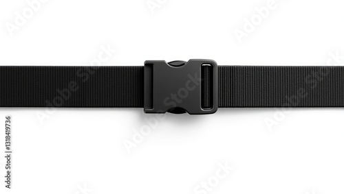 Black synthetic nylon belt, strap isolated against white background, top view.