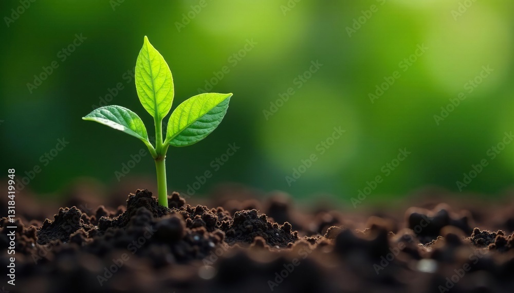 Fototapeta premium Small tree sapling growing through compacted soil, nature textures, leafy greens, plant