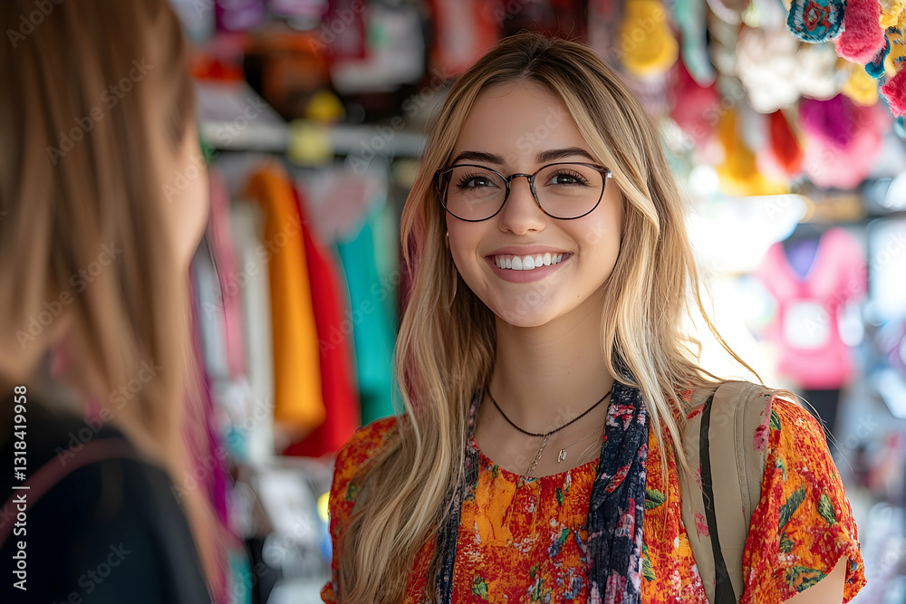 Smiling Woman in Floral Top at a Vibrant Market Smiling Woman in Floral Top at a Vibrant Market