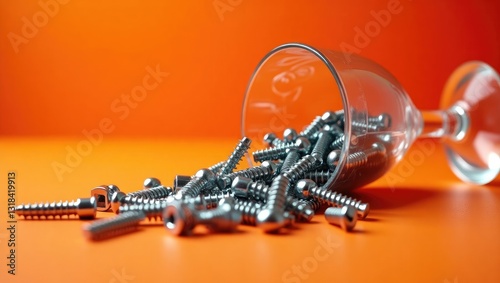 Dropped numerous metal self-tapping screws made of steel in a glass, within a bucket jar. Self-tapping screw for metal, for iron, chrome-plated self-tapping screw.