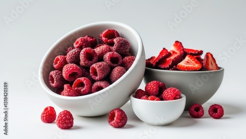Fototapeta Naklejka Na Ścianę i Meble -  Bowls containing delicious freeze-dried fruits set against a white background.