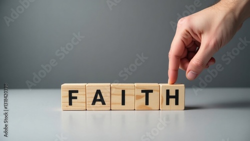 Businessman alters wooden cubes, transforming the word Fail into Faith. A stylish grey table accompanies the grey background. Concept of business and faith replacing fail. Copy space available.