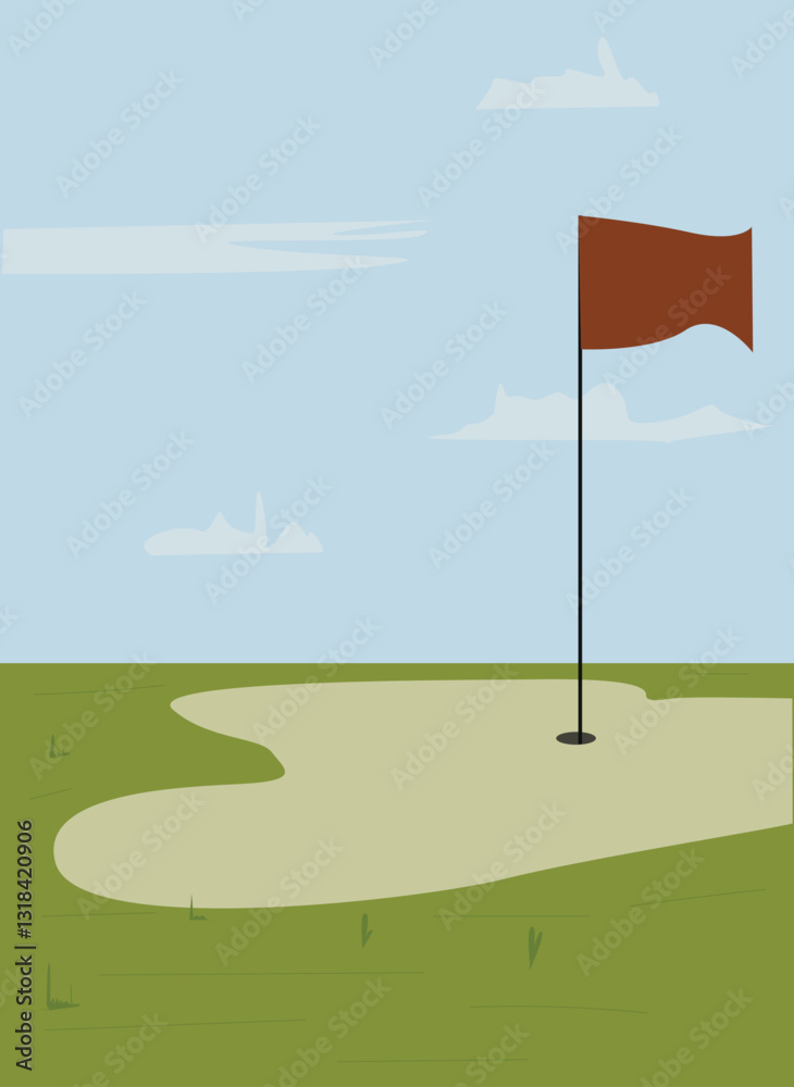 Obraz premium ilustrasi Scenic Countryside Golf Course with Flags, 