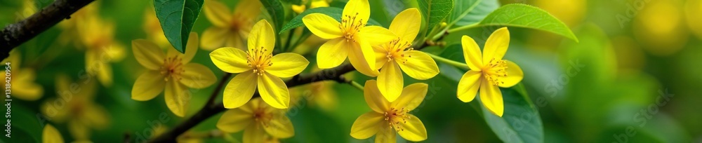 Fototapeta premium Cornus tree with bright yellow flowers in full bloom, greenery, bright yellow, foliage