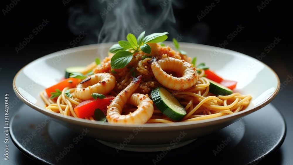 Dish of spicy rice vermicelli noodles garnished with tender squid and a colorful variety of vegetables against a black background. Dish of spicy rice vermicelli noodles garnished with tender squid and a colorful variety of vegetables against a black background.