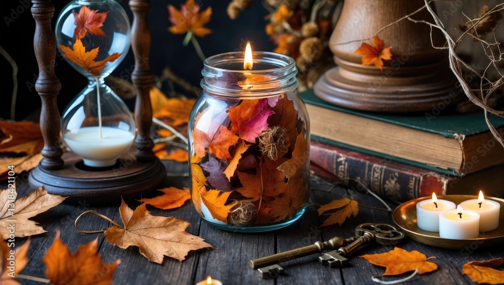 Fototapeta premium Fall candle decoration featuring dried leaves, wooden home decor still life with a scented candle, seasonal interior decoration elements.