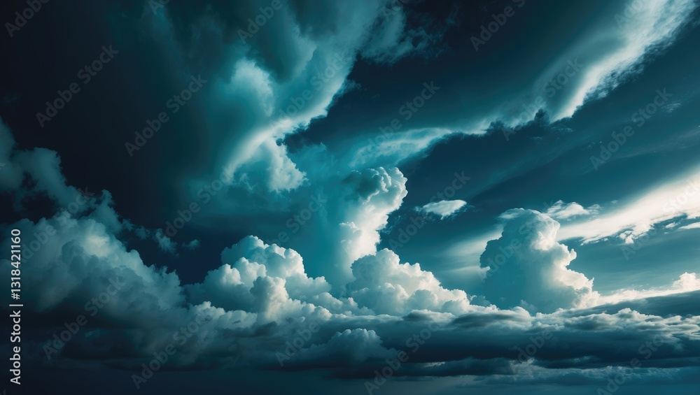 Naklejka premium Dramatic sky featuring clouds. Black, blue, and green night sky. Thunderstorm. Dark teal color backdrop. Ominous and frightening.