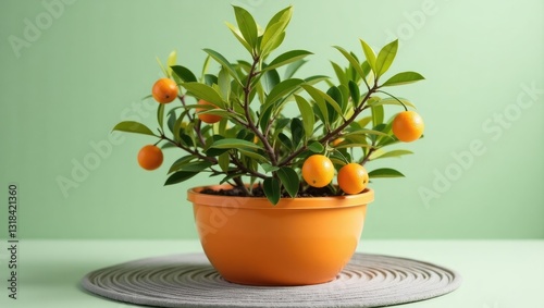 Citrus plant featuring light green young leaves and small ripe orange fruits in a plastic pot. Close-up with selective focus. Growing indoor citrus tree. photo