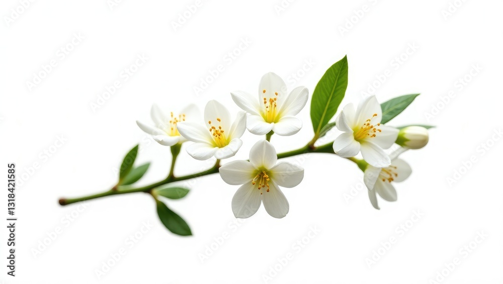 Fototapeta premium Branch featuring jasmine flowers set against a white background. Component for crafting designs, patterns, floral arrangements, frames, and invitations.