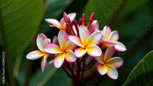 Group of pink plumeria flowers on a tree branch