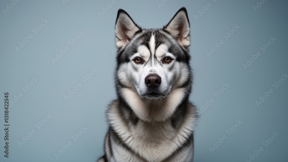 Attentive Siberian Husky captured in a calm studio, with a background that enhances its grey and white fur. This noble stance emphasizes the Husky's sharp gaze and symmetrical facial markings. Attentive Siberian Husky captured in a calm studio, with a background that enhances its grey and white fur. This noble stance emphasizes the Husky's sharp gaze and symmetrical facial markings.