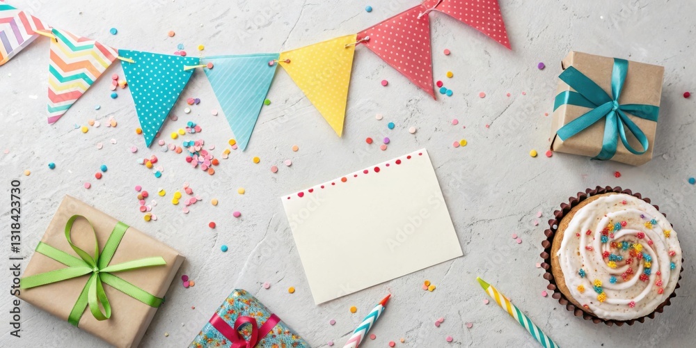 Obraz premium A Festive Celebration Setup with Presents, Confetti, and a Blank Card for a Special Occasion