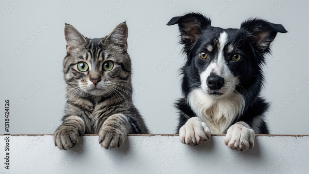 Funny pets banner. A cat and a dog resting their paws on a blank space. Isolated against a white background. Funny pets banner. A cat and a dog resting their paws on a blank space. Isolated against a white background.