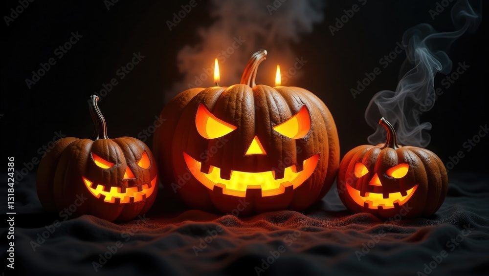 Halloween card featuring a jack-o'-lantern with glowing candles against a black background. A lineup of spooky pumpkins with carved faces emits smoke in the darkness. Halloween card featuring a jack-o'-lantern with glowing candles against a black background. A lineup of spooky pumpkins with carved faces emits smoke in the darkness.