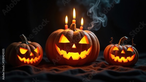 Wallpaper Mural Halloween card featuring a jack o' lantern with glowing candles against a black backdrop. A lineup of eerie pumpkins with carved faces emits smoke in the dark. Torontodigital.ca