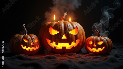 Halloween card featuring a jack-o'-lantern with glowing candles against a black background. A lineup of spooky pumpkins with carved faces emits smoke in the darkness.
