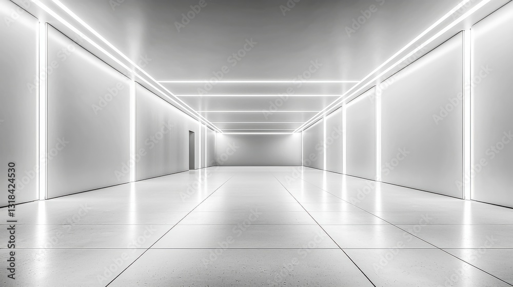 Obraz premium Modern White Room Design: Empty Space on Grey Wall Background with Vertical Light Slits in Ceiling, Perfect for Interior Photography.