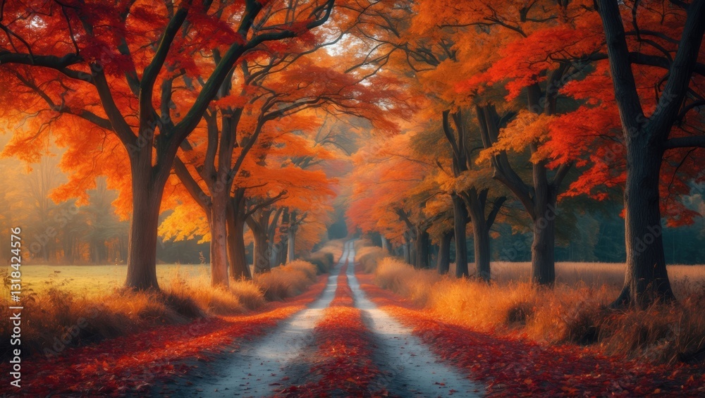 Fototapeta premium Autumn forest featuring a country road. A vibrant landscape filled with colorful trees, a rural path, and orange and red foliage. Autumn scenery showcasing stunning forest with lively leaves.