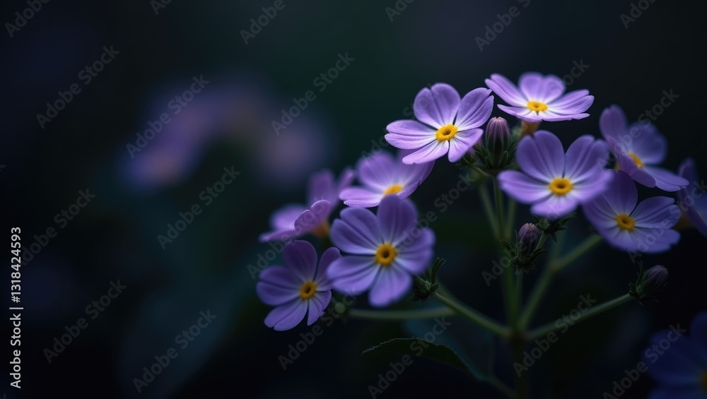 A dark field where lovely purple forget-me-not flowers bloom in the shape of a heart, representing the beauty of nature and the strength of love. It's a romantic scene. A dark field where lovely purple forget-me-not flowers bloom in the shape of a heart, representing the beauty of nature and the strength of love. It's a romantic scene.