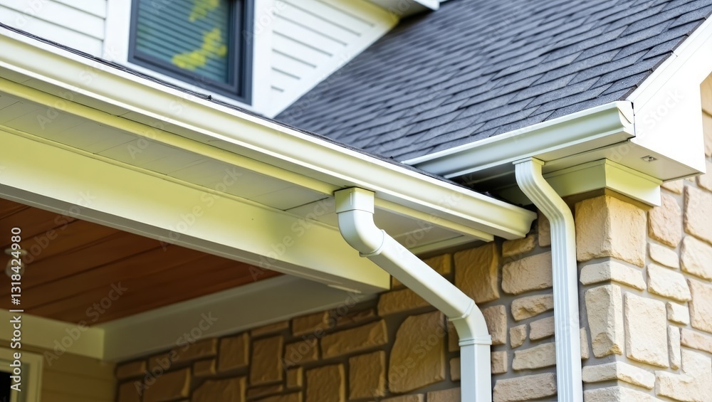 White gutter guard system, fascia, drip edge, soffit, and downspout strap with horizontal vinyl siding at an upscale single-family home neighborhood.